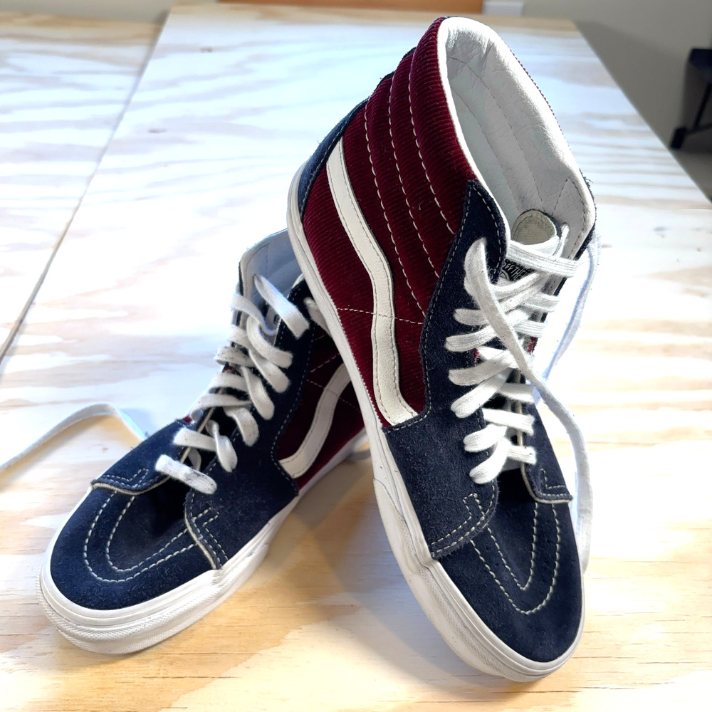 Vans Sk8-Hi Hi-Top Sneakers Women's 9 Men's 7.5 Blue Burgundy Corduroy Suede